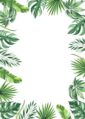 Watercolor hand painted tropical frame with green palm leaves - 463561103