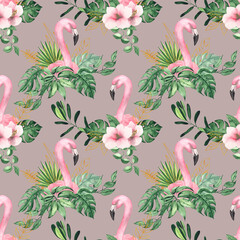 Watercolor hand painted tropical seamless pattern with green palm leaves, flowers, flamingo, golden line elements