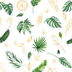 Watercolor hand painted tropical seamless pattern with green palm leaves, golden line elements