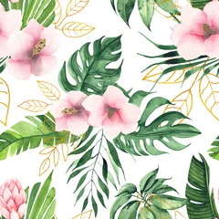 Foto op Plexiglas Watercolor hand painted tropical seamless pattern with green palm leaves, flowers, golden line elements © Анна Егорова