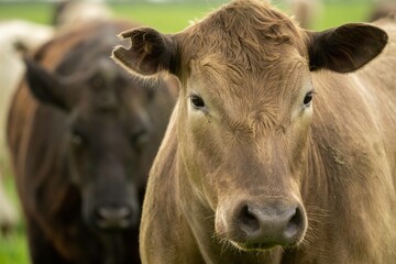 Close up of Stud Beef bulls and cows grazing on grass in a field, in Australia. eating hay and...