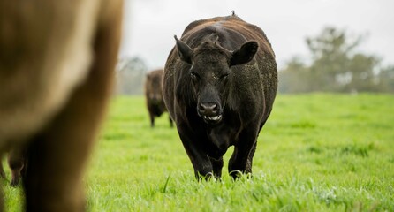 Close up of Stud Beef bulls and cows grazing on grass in a field, in Australia. eating hay and...