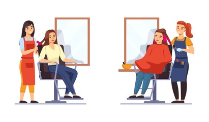 Hair salon. Stylists work with clients, professional hairstyles creating. Girls sit in barber shop chairs near mirrors, beauty industry, women in studio, vector cartoon isolated concept