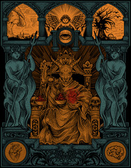 Naklejka premium illustration king satan on gothic engraving ornament style