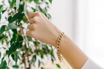 Golden bijouterie bracelet on woman hand. Plant.