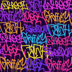 multicolored graffiti background with letters, bright colored lettering tags in the style of graffiti street art. Vector illustration seamless pattern