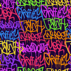 multicolored graffiti background with letters, bright colored lettering tags in the style of graffiti street art. Vector illustration seamless pattern