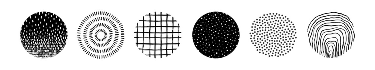 Set of round hand drawn patterns and textures. Trendy vector graphic elements for your unique design.