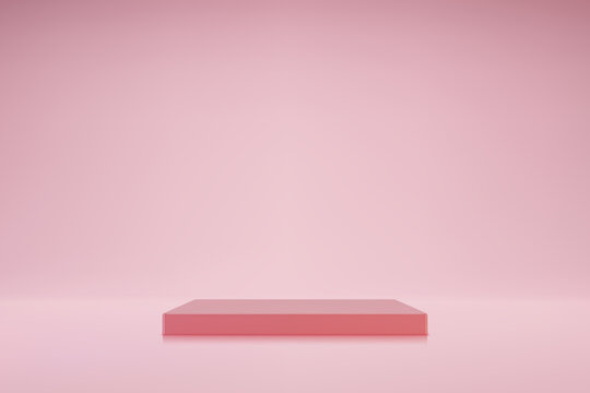 3D light pink podium on pastel rose background. Empty stage for product presentation. Realistic vector platform with free space. Minimalistic mockup design. Template of pedestal