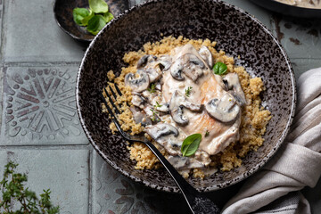 healthy quinoa with chicken and mushrooms in cream sauce