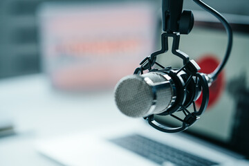 Podcast studio interior. Microphone close-up