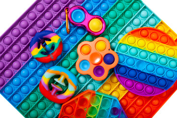 Trendy Pop it Fidget toys. Different colorful rubber toys for children. Simple dimple, snapperz,...