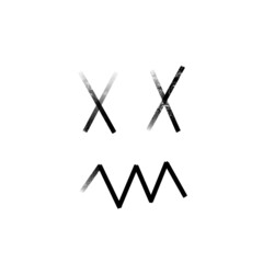 Illustration depicting a face, instead of eyes, crosses instead of lips, a zigzag, an abstract drawing, in black chalk on a white background