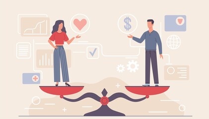 Gender equality scales. Man and woman standing on bowls of weight measuring equipment. Different values comparison. Professional balance. Vector equivalent male and female employment