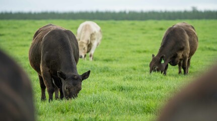 Speckled park, Murray grey, Angus cows and calf grazing on lush pasture. while they enjoy the sun...