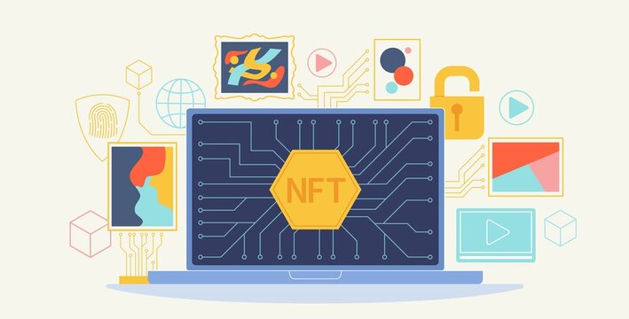 NFT online marketplace. Laptop with non-fungible token currency blockchain. Unique art. Computer and network technology for virtual trade. Crypto store. Internet deal. Vector concept