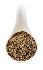 Perilla herb seeds in white spoon isolated on white background.