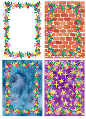 Design set of watercolor frame of decorations and gifts and brick stone wall, stars and abstract snow background.