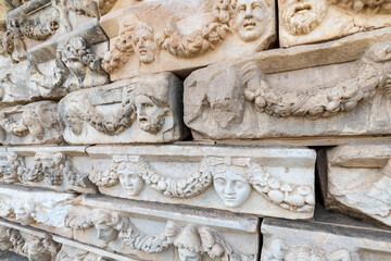 Mask and garland frieze in Aphrodisias Ancient City in Turkey