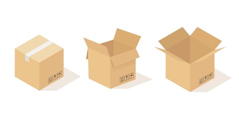 Boxes carton. Opened and closed cardboard box, beige delivery packaging angle view. Cardboard square pack cargo warehouse product container. Empty parcel in row vector isolated set