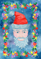 Christmas greeting card with handsome old man wearing Santa Claus hat and frame of gifts and decorations.