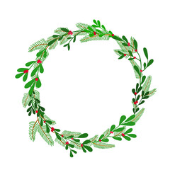 Merry Christmas wreath. Green twigs with red berries. Vector illustration. Isolated on white background. Greeting card template.