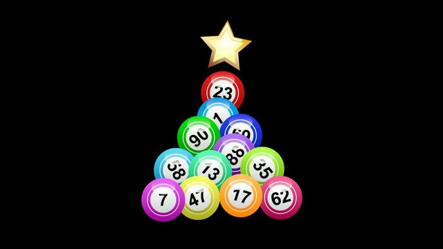 Animated christmas tree with numbered balls of bingo lottery on black background. Lotto game.