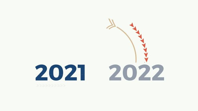 Change date from 2021 to 2022 on white background with arrows. Animated illustration of new year
