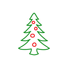 Logotipo lineal contorno exterior de árbol con bolas de navidad abstracto con ramas en forma de triángulo en color verde y rojo