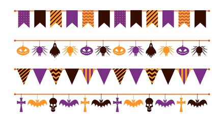 Halloween garland. Colorful flat flags different forms, paper pumpkin and spider, ghost and skull hanging. Orange purple and black colors party decoration, spooky festival decor, vector set