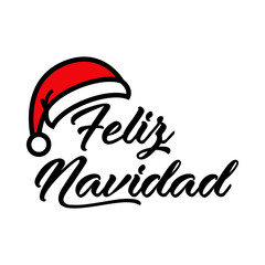 Fototapeta na wymiar Banner con frase Feliz Navidad en español manuscrito con sombrero de Papá Noel en color rojo y negro