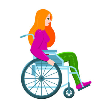 Young Woman In Wheelchair Isolated On White Background. Handicapped Girl. Vector Illustration In Flat Style. 