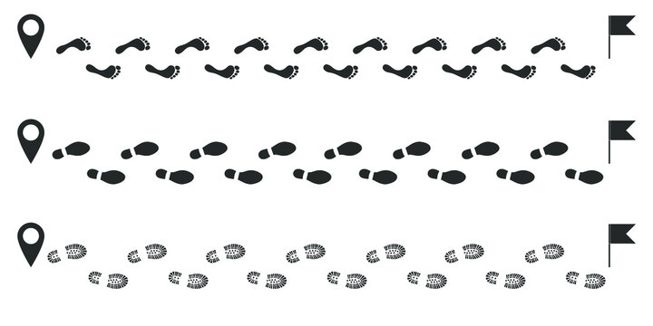 Footprints human icons set. Human trails in shoe and without. Traces of people black graphic signs isolated on white background. Vector illustration