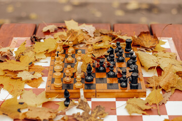 Chessboard in autumn yellow dry leaves with spaced figures on the game table