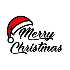 Banner con frase Merry Christmas manuscrito con sombrero de  Papá Noel en color rojo y negro