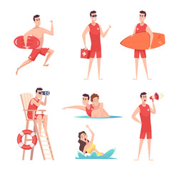 Lifeguard at beach. Summer vacation safety on the sea kids enjoying in water recreational time people working exact vector outdoor characters