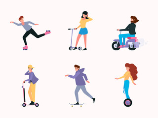 Plakat Riding characters. Urban transport people electric bike scooter electric cars transportation rollers garish vector illustration set