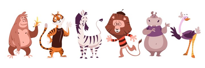 Exotic animals. Jungle monkey and tiger, zebra and lion, hippo and ostrich, wildlife zoo and circus trendy exotic childish, african fauna mammals and birds, vector cartoon set