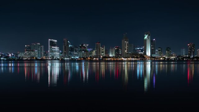 San Diego Panorama Skyline Reflections from Coronado Island L Night Time Lapse California USA