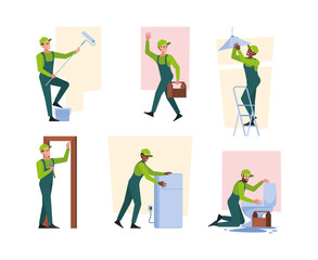 House workers. Home repair services construction renovation wall plumbers painter workers craftsman garish vector illustrations flat characters