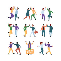 Fototapeta na wymiar High five characters. Friendship happy people relationship various hands gestures with positive emotions garish vector illustrations isolated