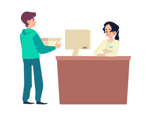 Client paying for goods to cashier flat cartoon vector illustration isolated.