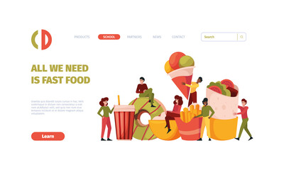 Fast food landing. People holding junk food trash products burgher cold drinks donuts and pizza garish vector web page template with place for text