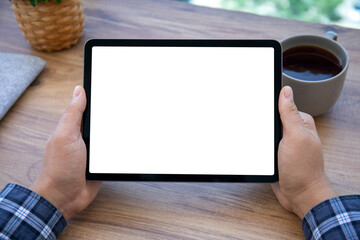 male hand holding computer tablet with isolated screen in office