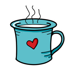 Cute blue mug with drawn heart and hot drink