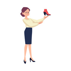 Woman choosing new pair of shoes, flat cartoon vector illustration isolated.