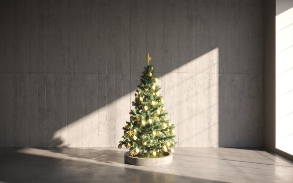 beautiful christmas tree decorated with shiny baubles. gray wall background with a lot of copy space for text. Holiday background. New Year  3D illustration, cg render