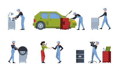 Autoservice characters. Workers repairing cars mechanic changing wheels vehicle service garish vector flat pictures set