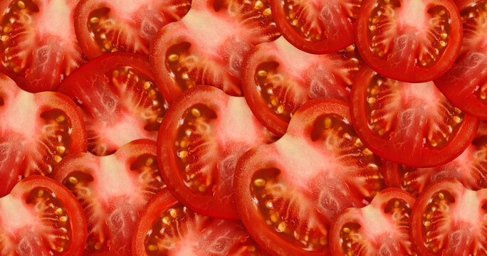 Many whole tomato slices top view. Banner mockup with place for text. Background image with a cutaway vegetable. Picture for packaging design of organic farm food, cosmetics. Copyspace image.