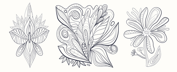 Antistress coloring book hand drawn illustration set. Line drawn leafs, flowers, shapes and doodle drawing. Trendy line art vector print. Modern drawing design for adults and kids.